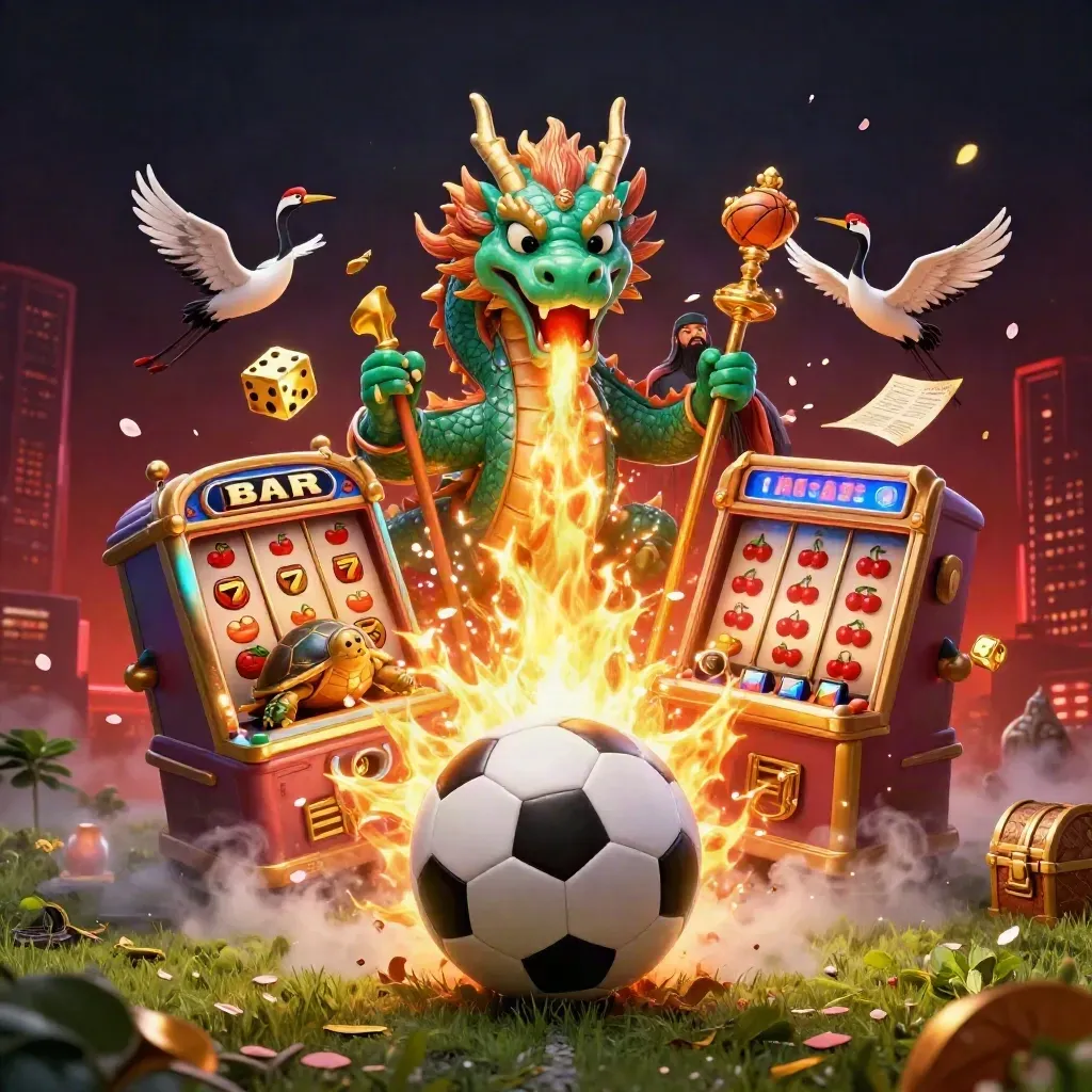 Fantasy dragon, turtle sage, cranes, slot burst and football, ground-level under stadium lights.