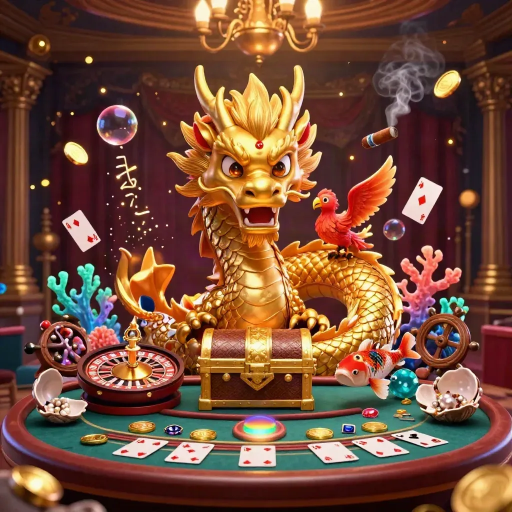Golden dragon, phoenix, and koi amid casino treasure, brass glow, and underwater jewels.