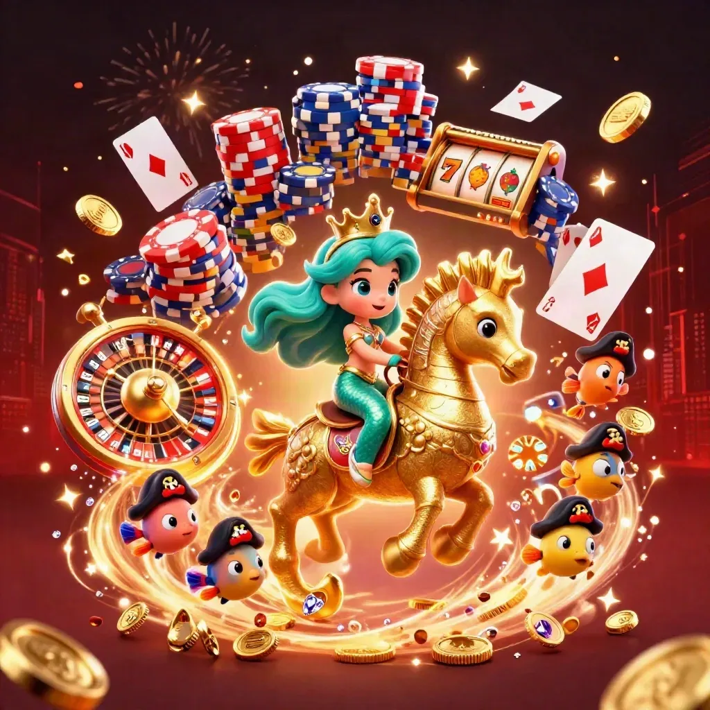 Mermaid princess on golden seahorse with pirate fish amid coins, chips, roulette wheel and fireworks